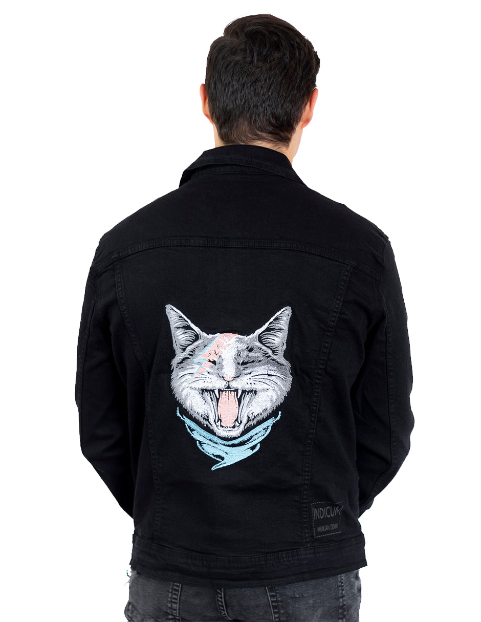 Chamarra De Mezclilla Hombre Negra Indicum Rock Cat Slim Fit